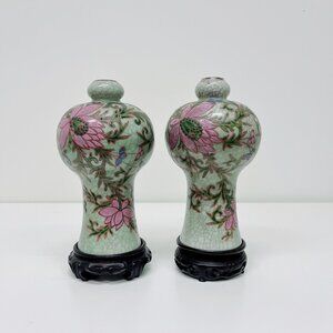 VINTAGE PAIR OF CHINESE FLORAL CLOISONNE ENAMEL VASES WITH STANDS